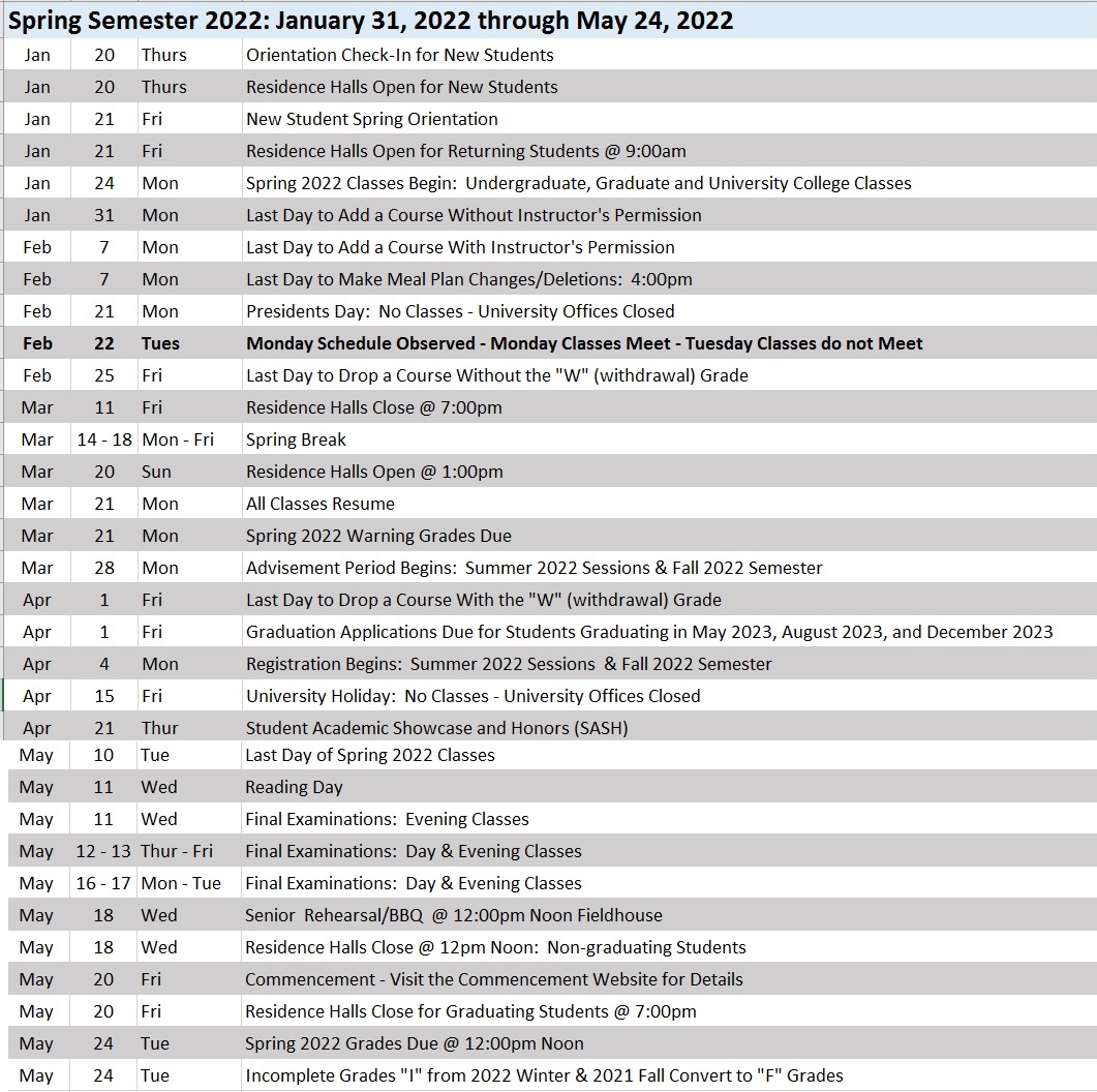 Rwu 2022 Schedule Academic Calendar 2021 - 2022 - Roger Williams University - Acalog Acms™